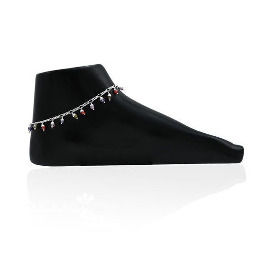 Elegant silver payal featuring a beautiful chain design with colorful gems for a vibrant touch