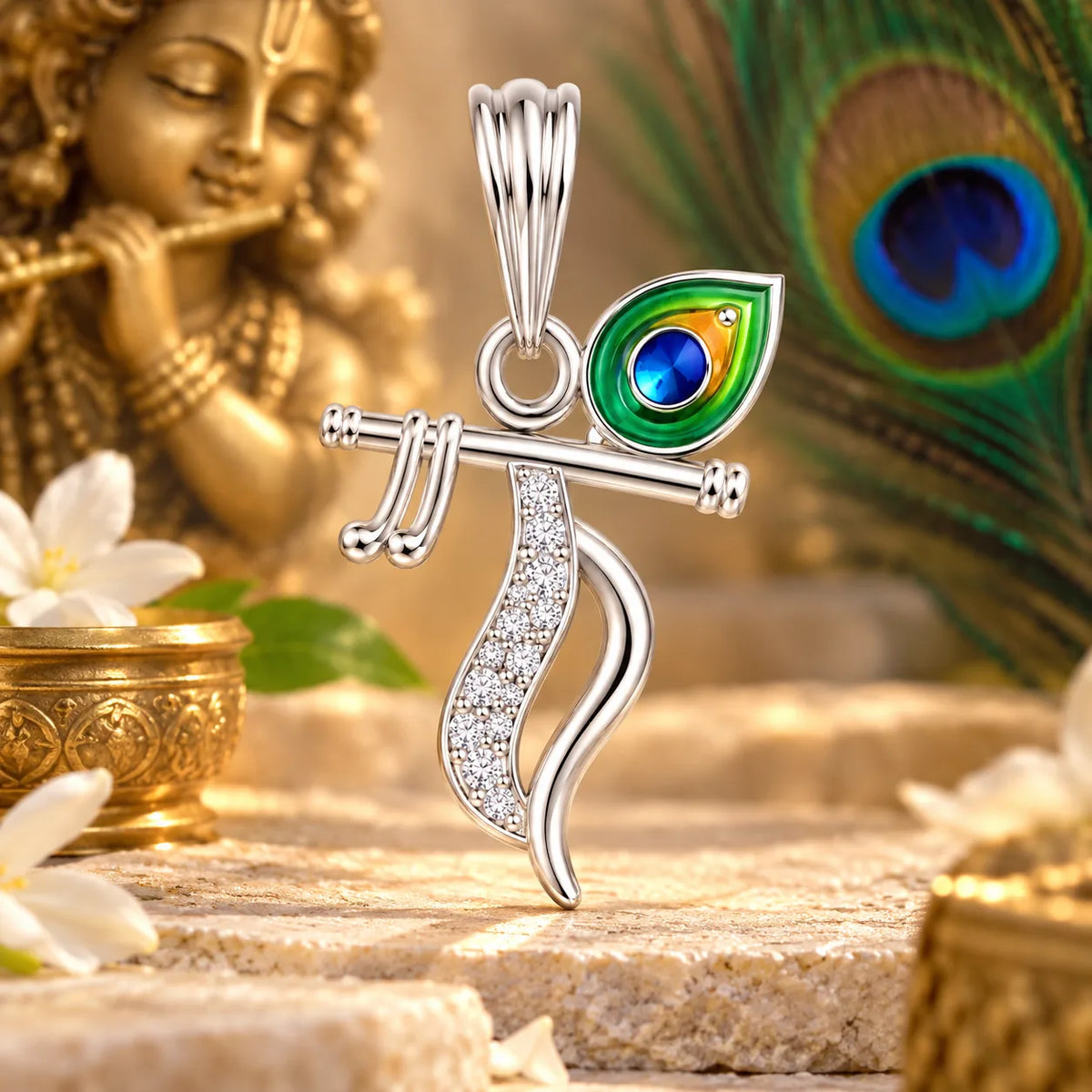 Silver Krishna Flute Pendant with Morpankh Design
