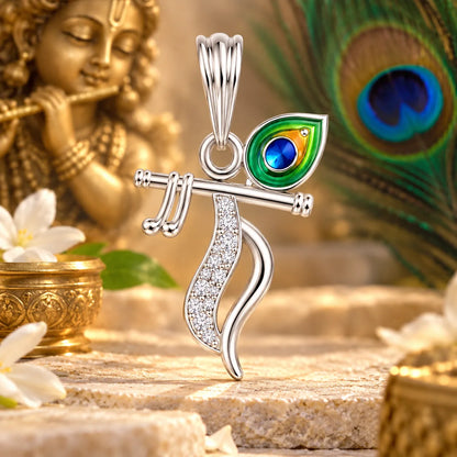 Silver Krishna Flute Pendant with Morpankh Design