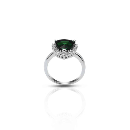 Chic sterling silver ring with a synthetic green emerald in a sleek triangular cut, perfect for women.