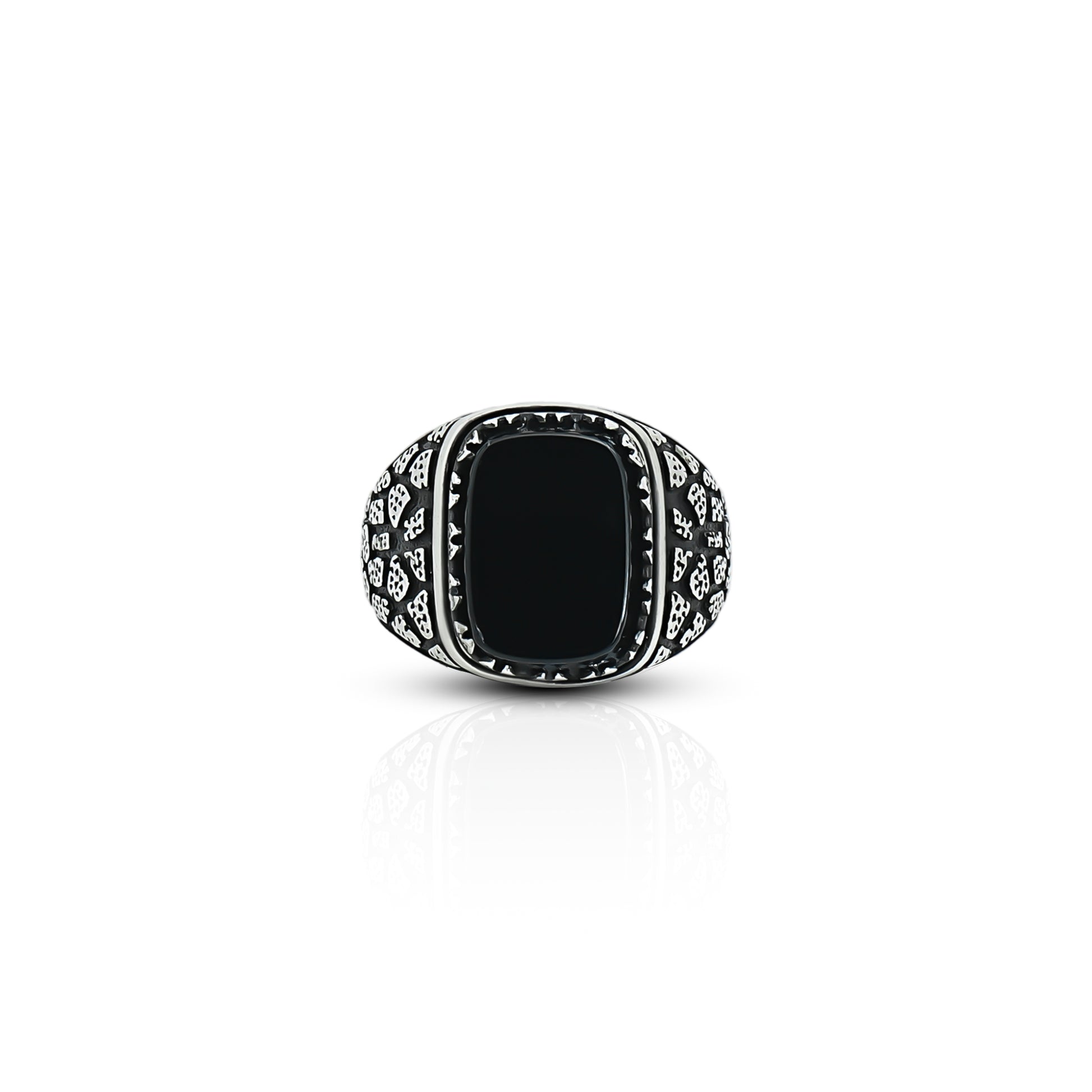Black Stone Engraved Sterling Silver Ring – Khushbu Jewellers