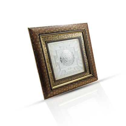 Elegant Silver Lakshmi Yantra in Brown Wooden Frame - Sacred Home Decor