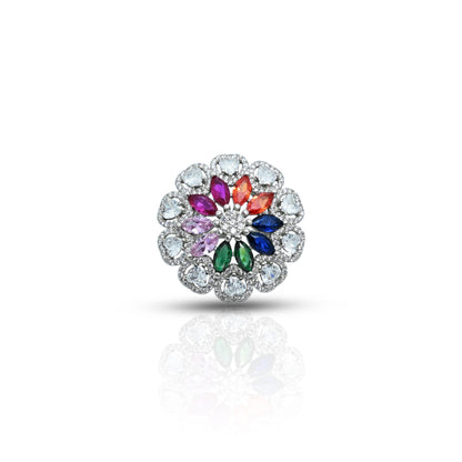 Silver ring featuring a vibrant, colorful floral design, adding a fresh and lively touch to any outfit