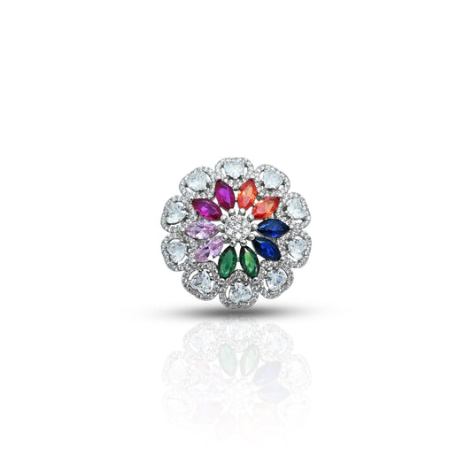 Silver ring featuring a vibrant, colorful floral design, adding a fresh and lively touch to any outfit