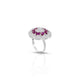 Charming silver ring featuring pink gem and flower motif.