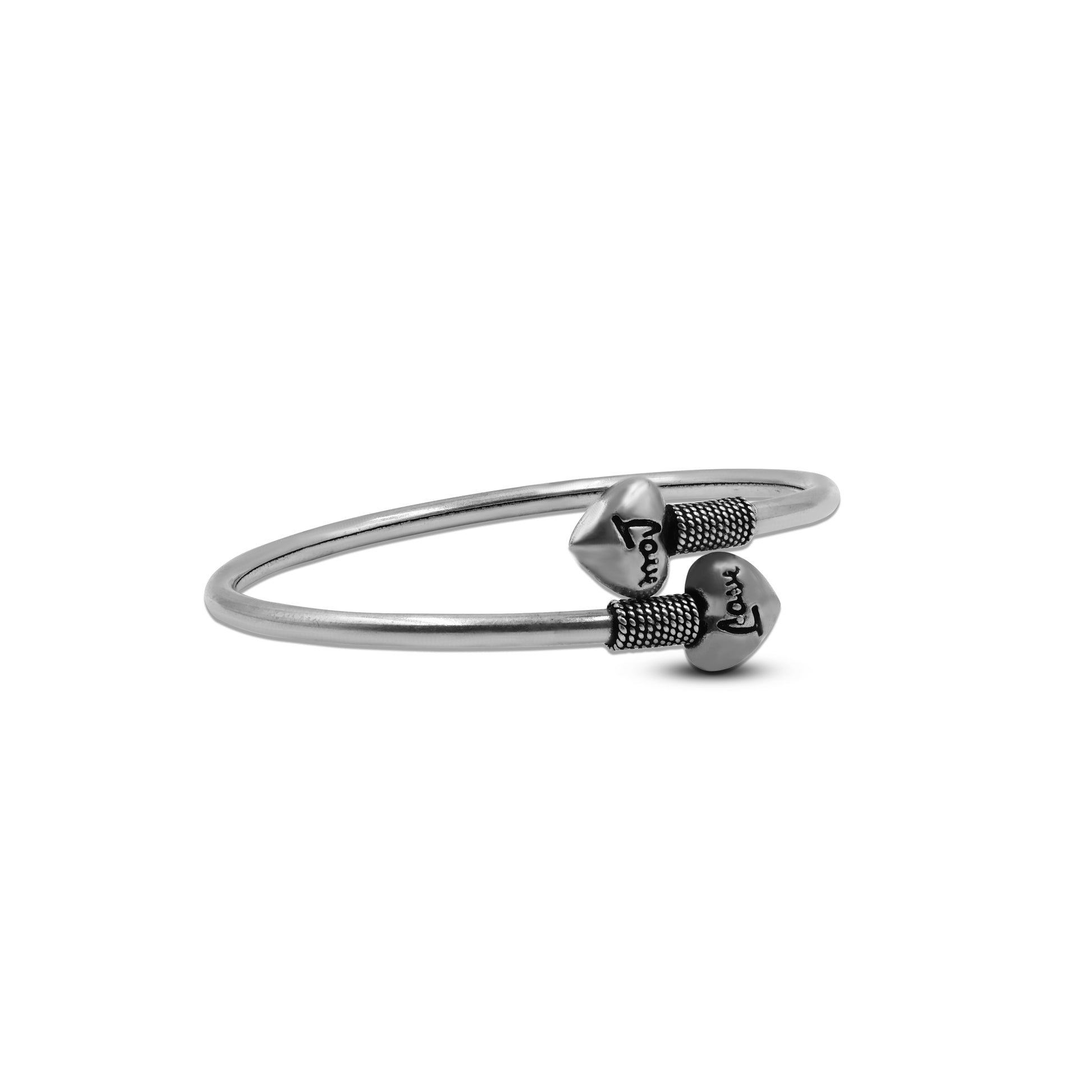 Silver girls' kada with a heart-shaped love design