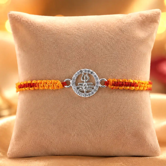 925 Silver Mahadev Trishul Rakhi with CZ Diamond Circle and Orange Red Thread for Raksha Bandhan