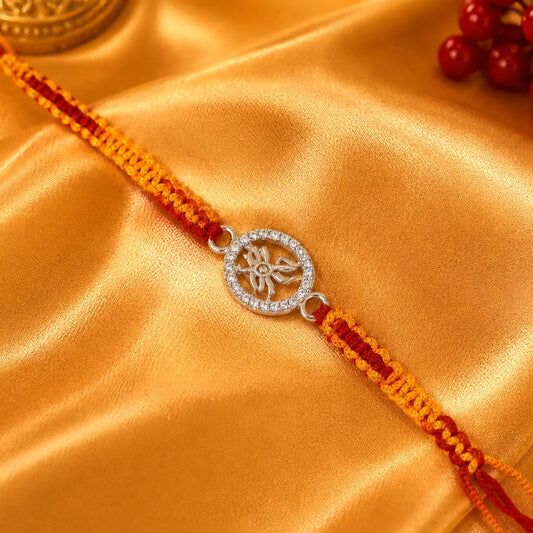 925 Silver Mahadev Trishul Rakhi with CZ Diamond Circle and Orange Red Thread for Raksha Bandhan