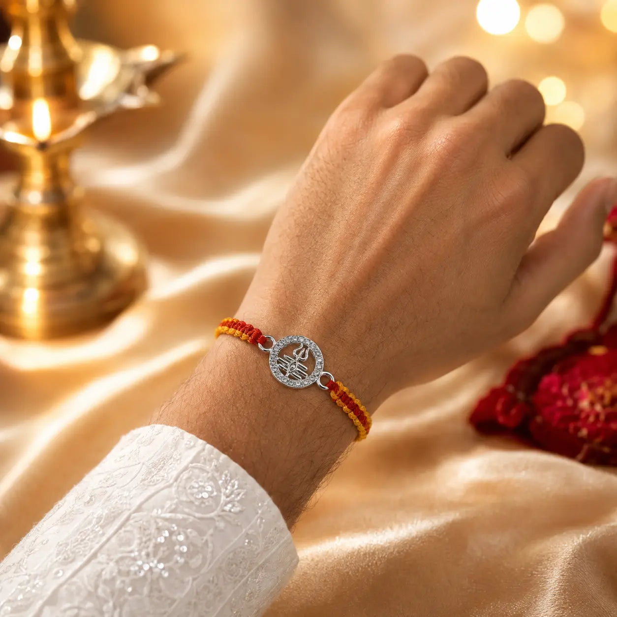 925 Silver Mahadev Trishul Rakhi with CZ Diamond Circle and Orange Red Thread for Raksha Bandhan