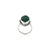 Close-up of a silver ring with a stunning green gemstone, perfect for adding a vibrant touch to any outfit.