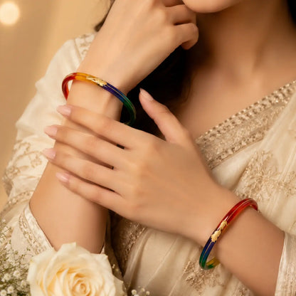 Rainbow Gradient Resin Bangles with Gold Peacock