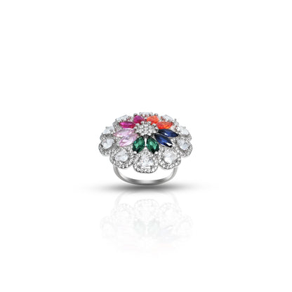 Stylish silver ring with a colorful floral motif, perfect for adding a playful and feminine accent.