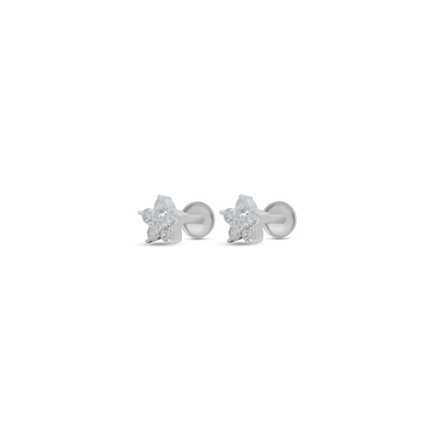 Beautiful silver earrings featuring a floral pattern with white gemstones