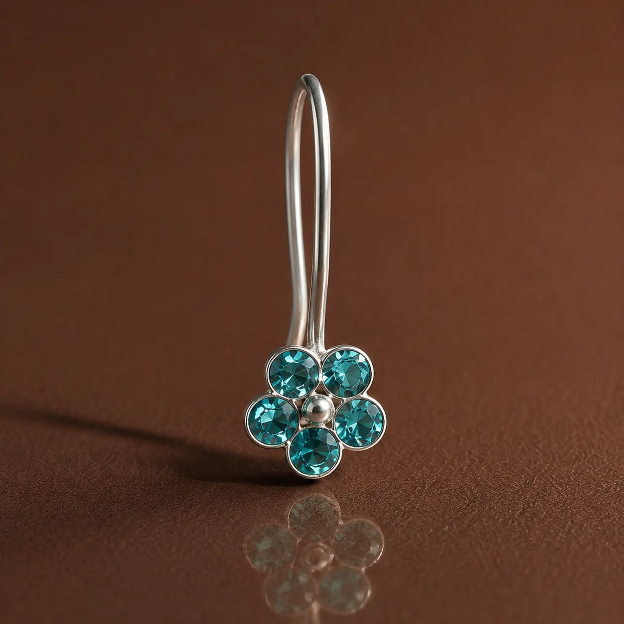 Silver Light Blue Gem Stone Flower Design Nosepin for Girls