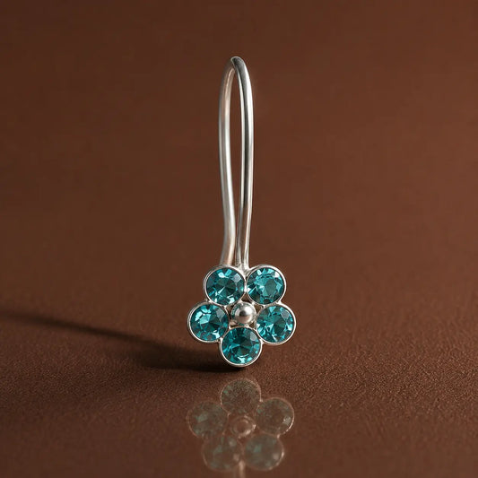 Silver Light Blue Gem Stone Flower Design Nosepin for Girls
