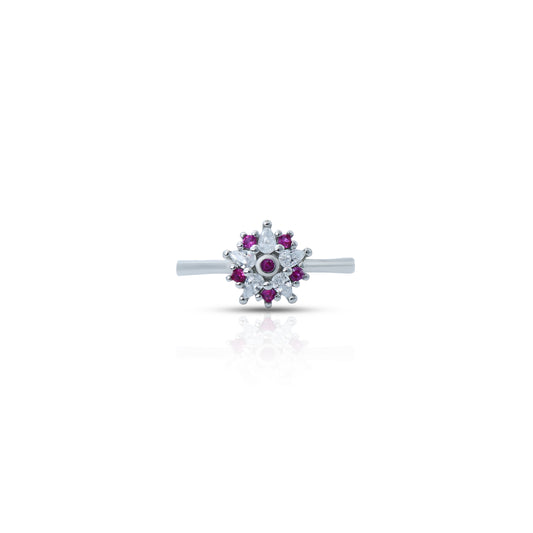 Elegant sterling silver floral ring with purple and white stones.