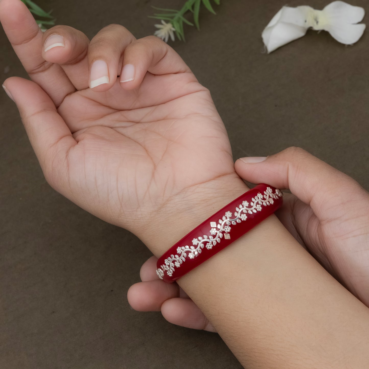 Traditional Red Bangles with Pure Silver Floral