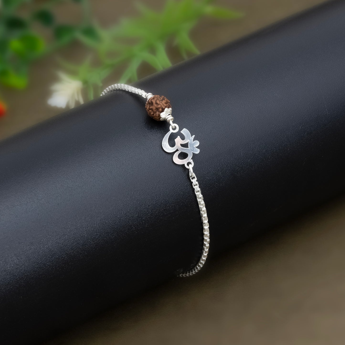 Men’s Silver Rudraksha Bracelet Om Symbol Adjustable
