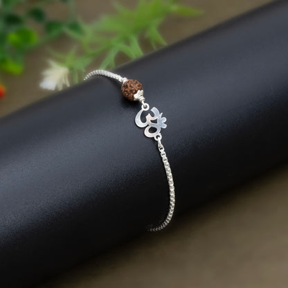 Men’s Silver Rudraksha Bracelet Om Symbol Adjustable