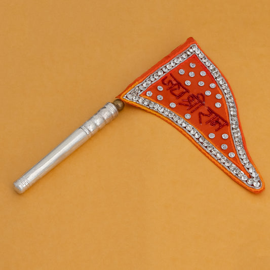 Bright Orange ‘Jai Shri Ram’ Silver dhwaja with Crystal Design