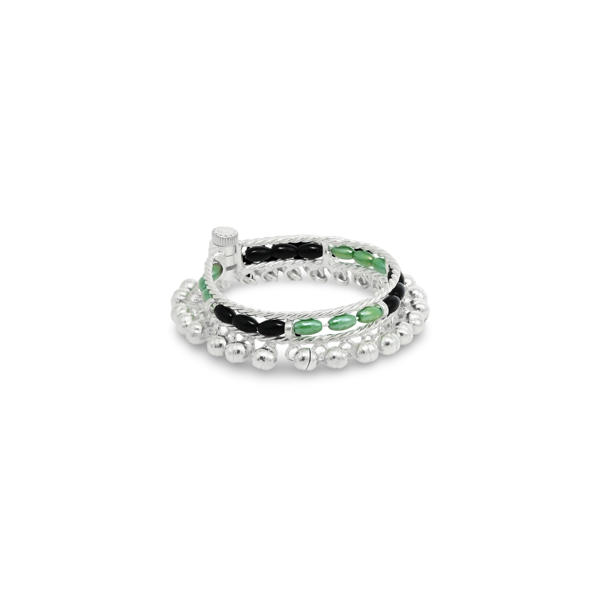 Charming silver kada anklet for babies, adorned with green and black beads and ghungroos.