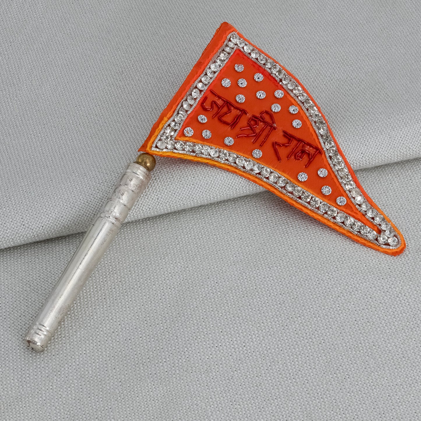 Bright Orange ‘Jai Shri Ram’ Silver dhwaja with Crystal Design