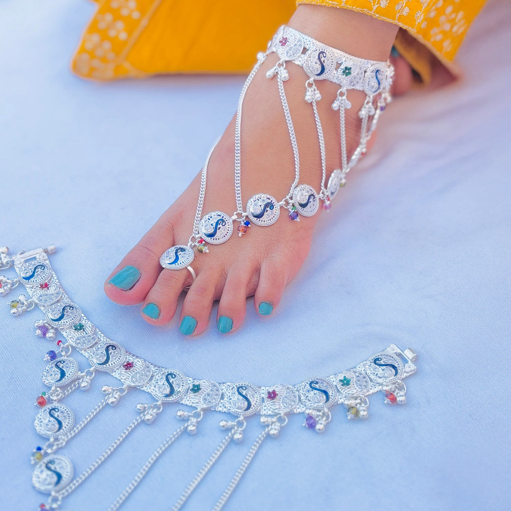 Silver Payal with Pag Phool Design and Light Peacock Bud Details