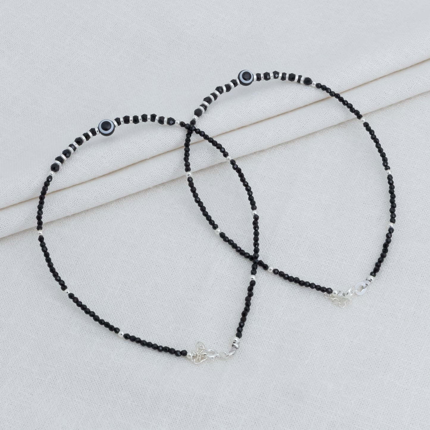 Elegant Evil Eye Silver Anklet with Black Beads