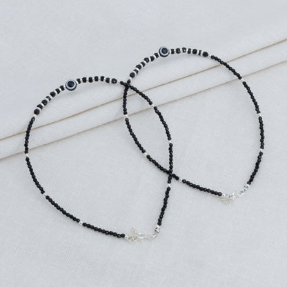 Elegant Evil Eye Silver Anklet with Black Beads