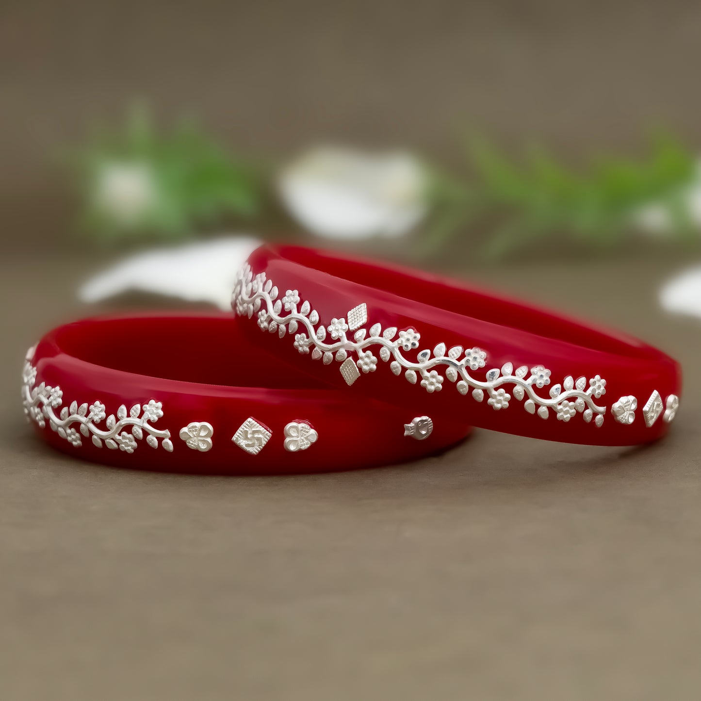 Traditional Red Bangles with Pure Silver Floral