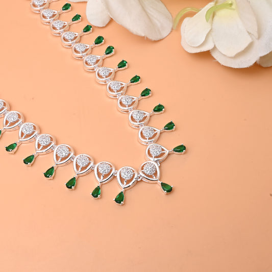 Sterling Silver Necklace Set with Earrings & Green Stone Detailing
