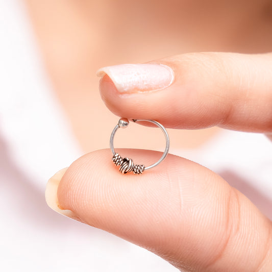 Classic Silver Nose Ring with Tribal Beads Design