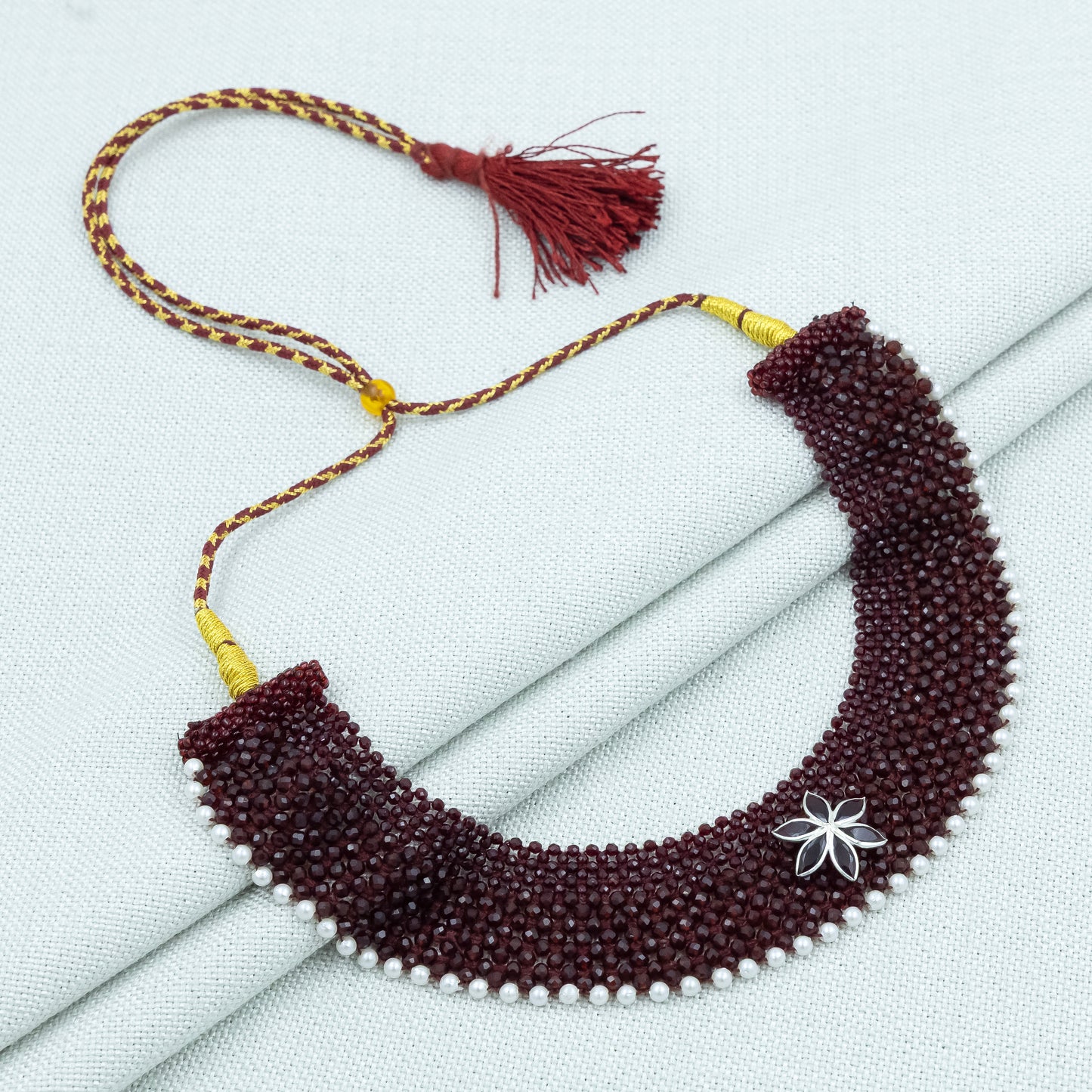 Maroon Chatai Necklace with Silver Flower Pendant & Pearl Border