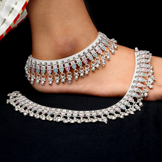 Traditional silver payal with multicolored beads and bells