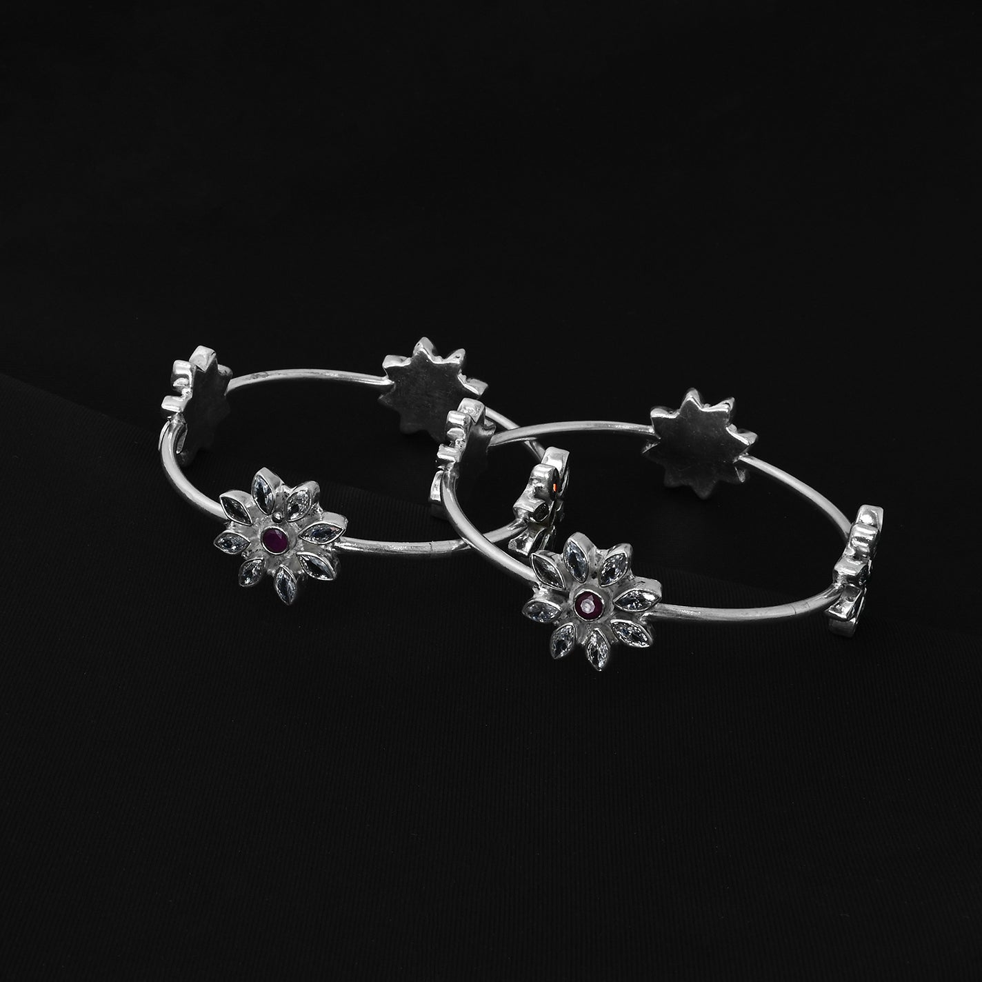 Floral Design Silver Kada with Sparkling Stones - Perfect for Special Occasions