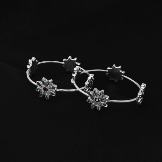 Floral Design Silver Kada with Sparkling Stones - Perfect for Special Occasions