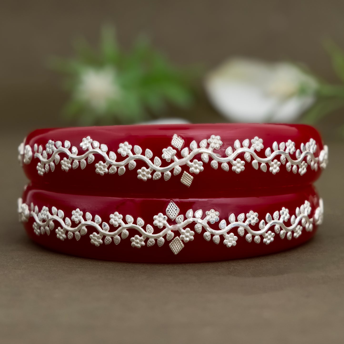 Traditional Red Bangles with Pure Silver Floral