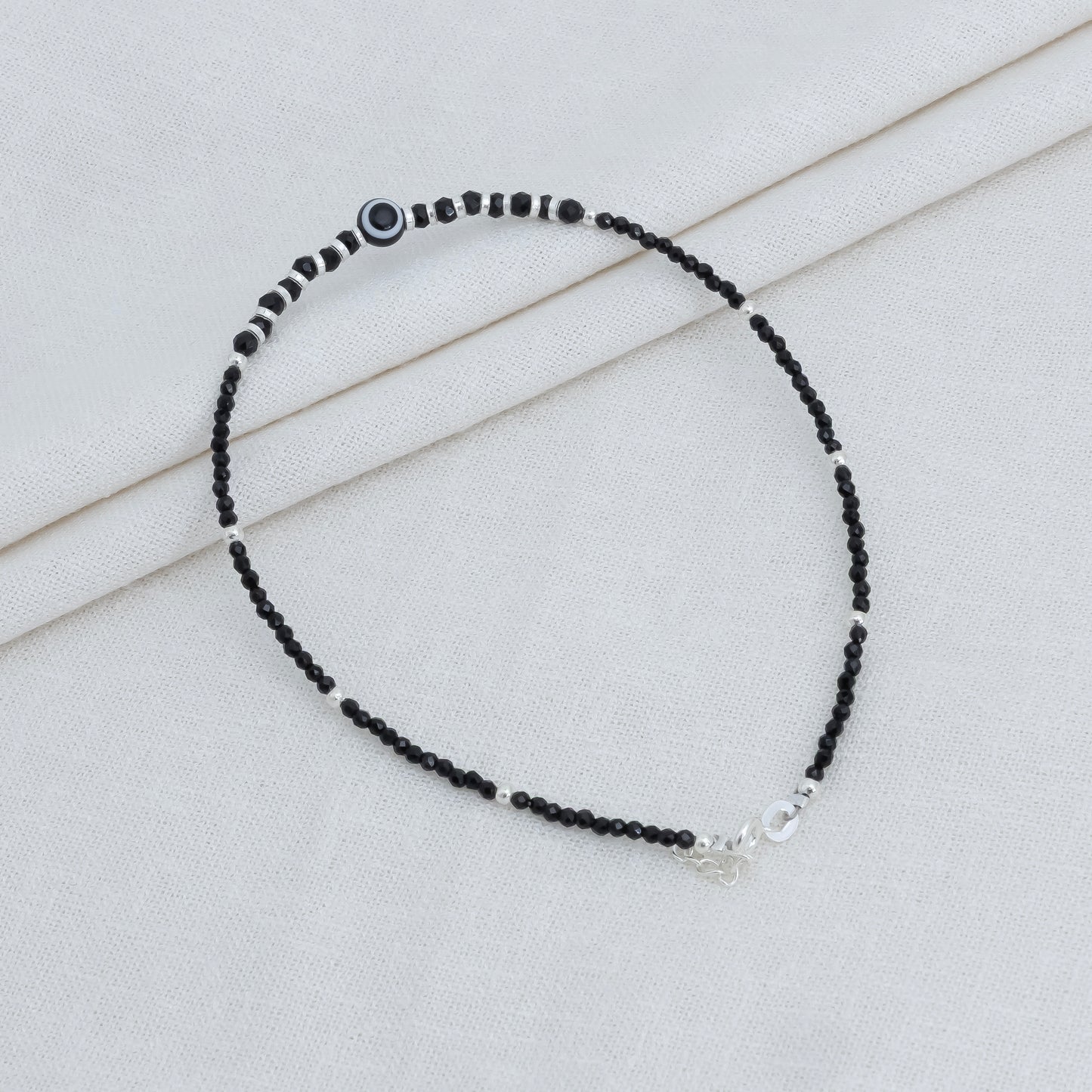 Elegant Evil Eye Silver Anklet with Black Beads