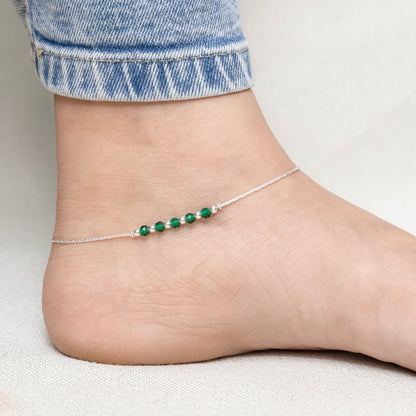 Minimal Silver Anklet with Green Stones