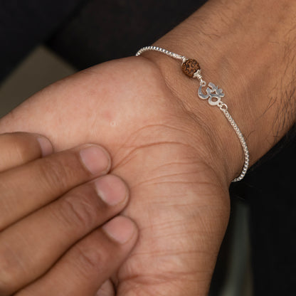 Men’s Silver Rudraksha Bracelet Om Symbol Adjustable