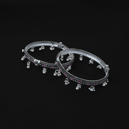 Traditional Silver Kada Payal with Black Border, Pink & Green Stones.