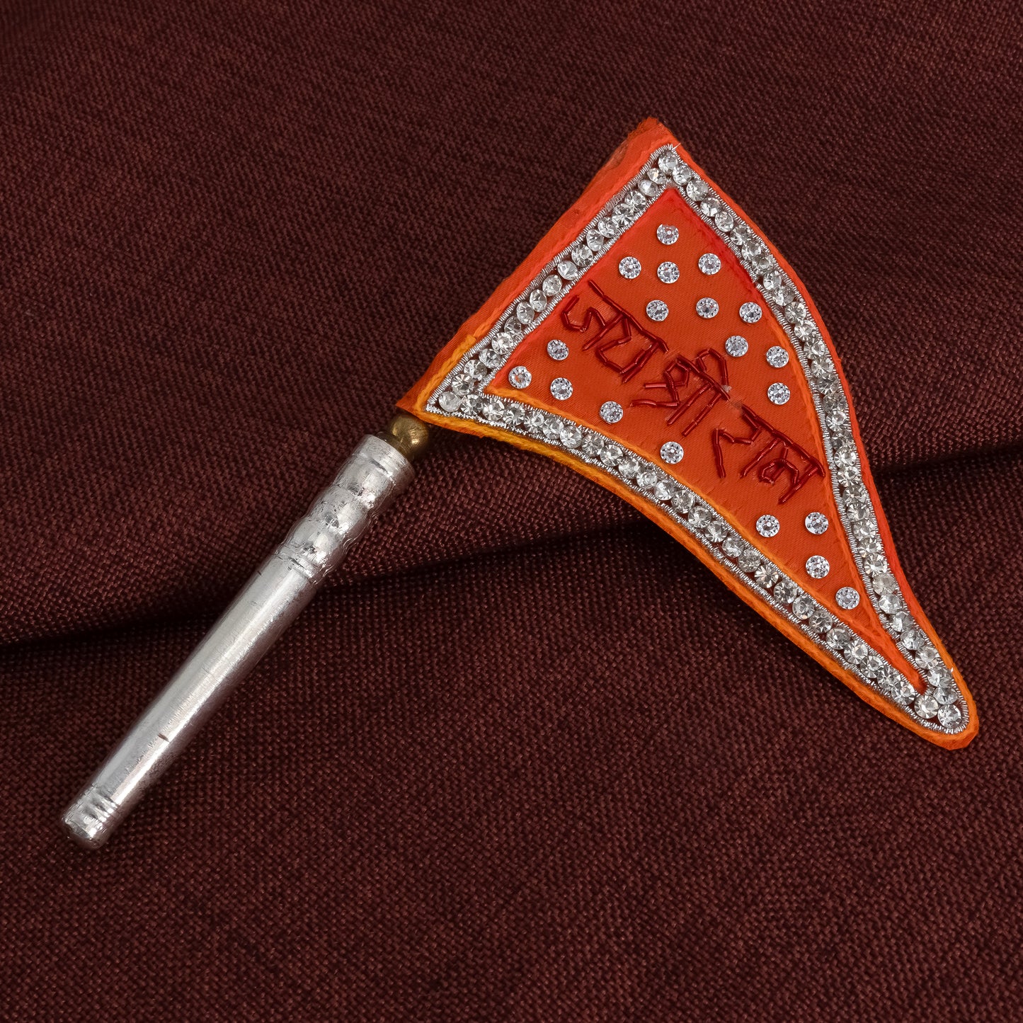 Bright Orange ‘Jai Shri Ram’ Silver dhwaja with Crystal Design