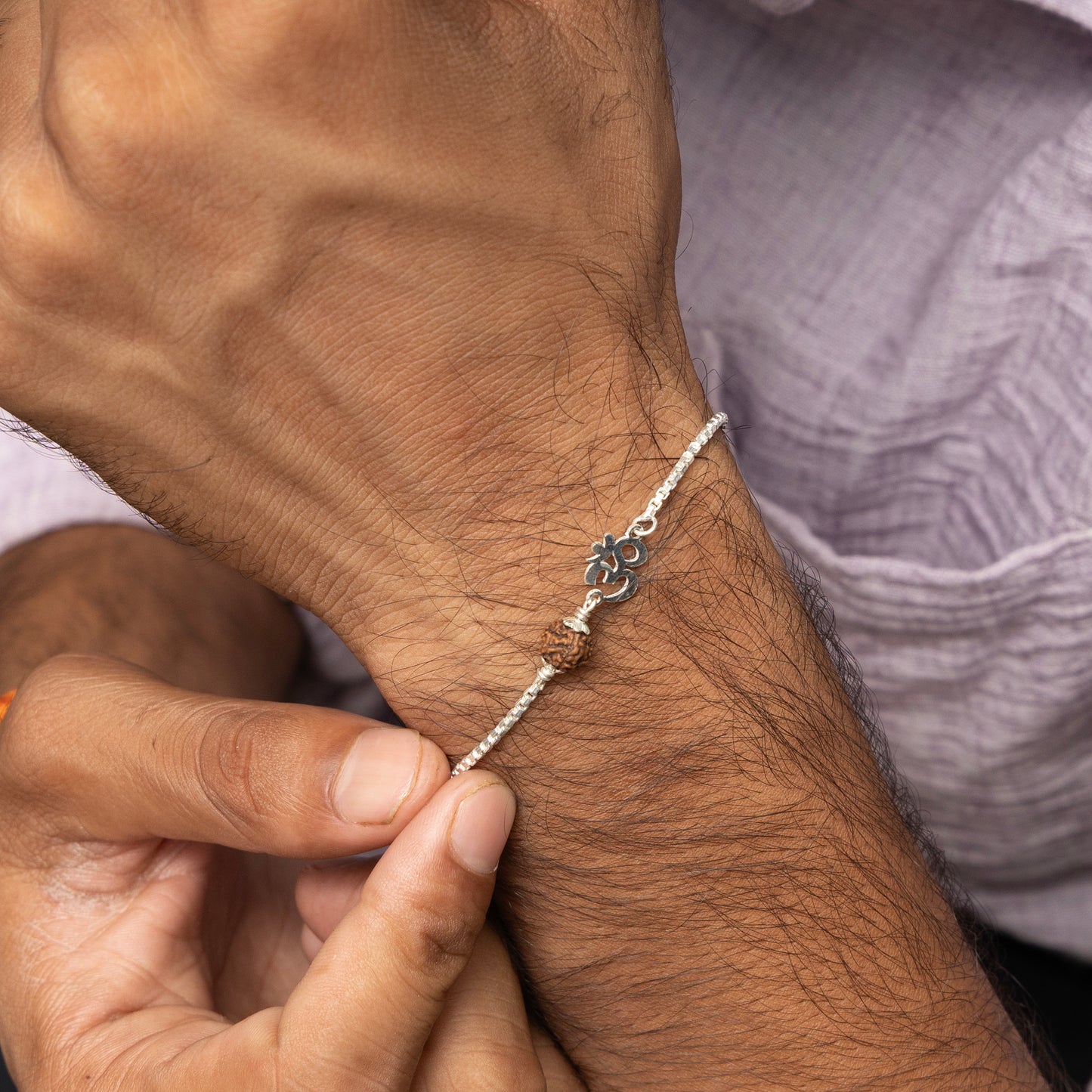 Men’s Silver Rudraksha Bracelet Om Symbol Adjustable