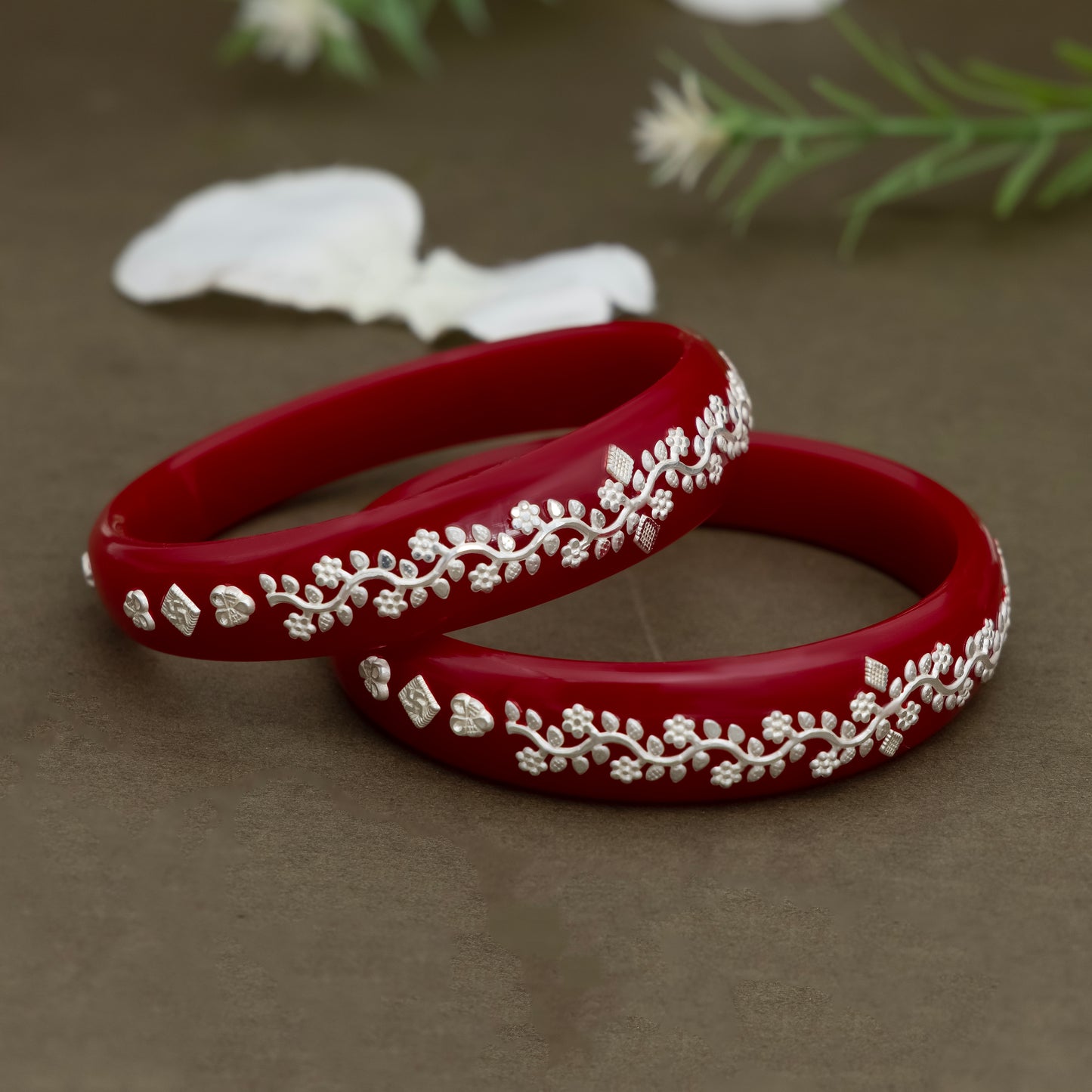 Traditional Red Bangles with Pure Silver Floral