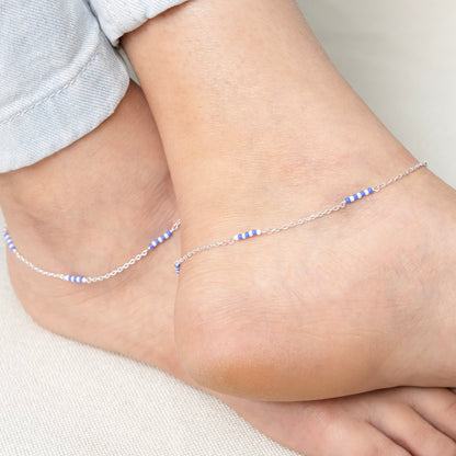 Silver Anklet with Blue & White Beads