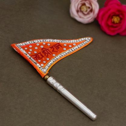 Bright Orange ‘Jai Shri Ram’ Silver dhwaja with Crystal Design