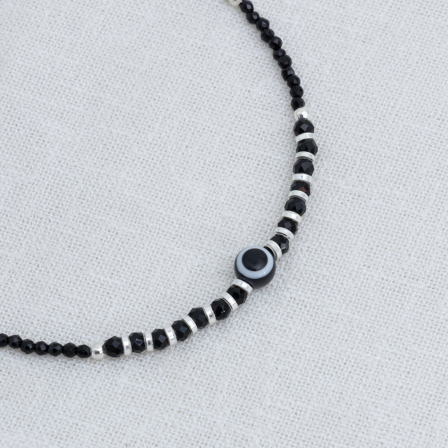 Elegant Evil Eye Silver Anklet with Black Beads