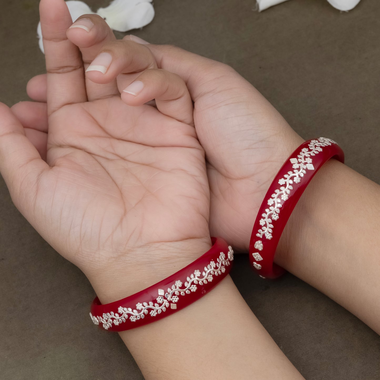 Traditional Red Bangles with Pure Silver Floral