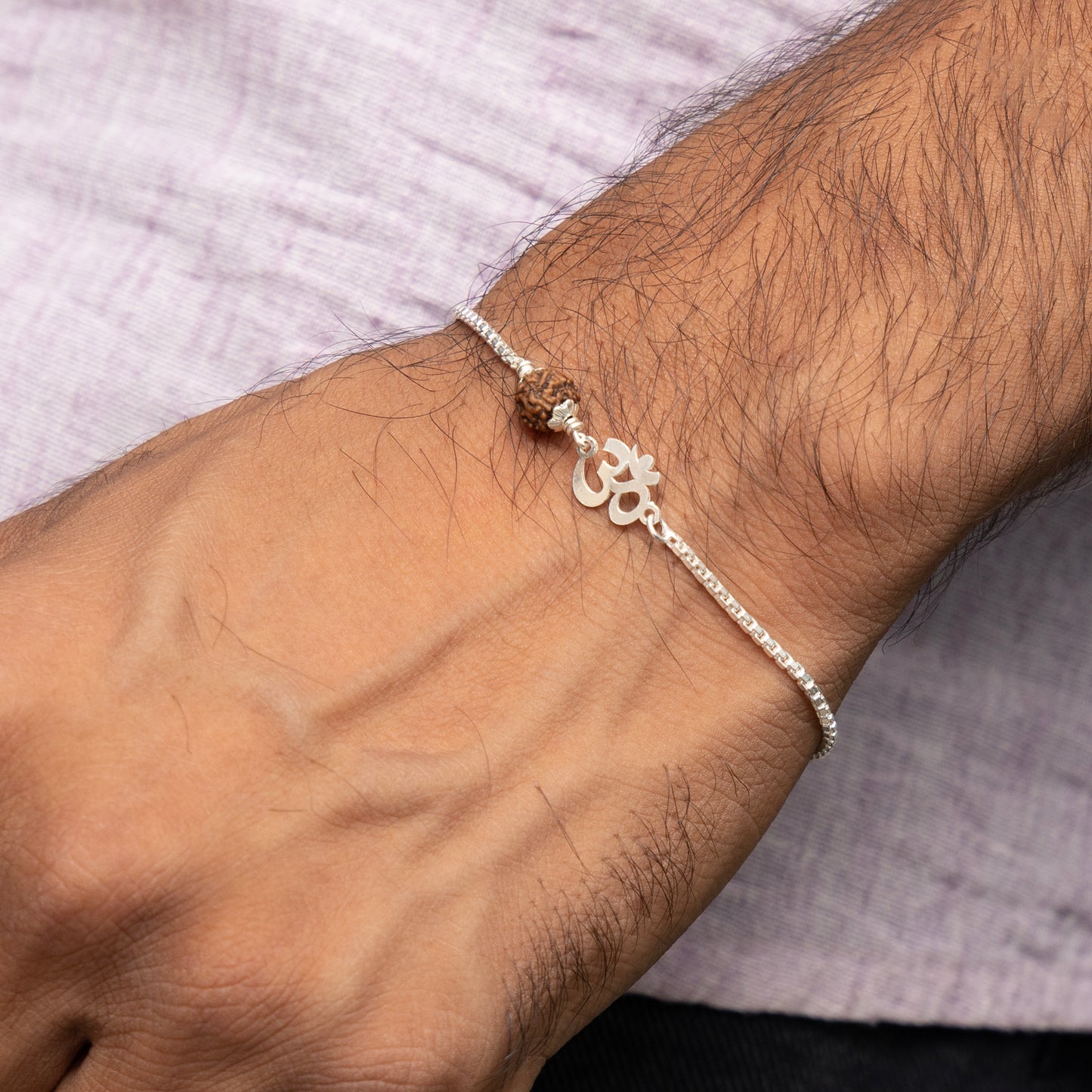 Men’s Silver Rudraksha Bracelet Om Symbol Adjustable
