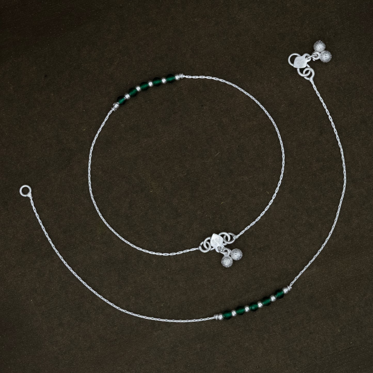 Minimal Silver Anklet with Green Stones